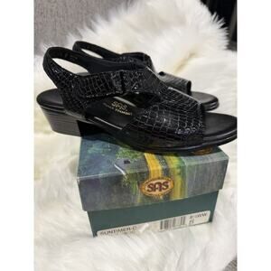 SAS Women’s Size 8.5WW Double Wide Suntimer-C Black Croc Heeled Sandal Leather